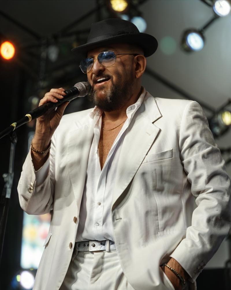 !00487-1450369163-shufutinskiy man, white blazer, bald, glasses, hat, standing on stage, singing, microphone, (fat_0.8), colorful spotlights, koda.png